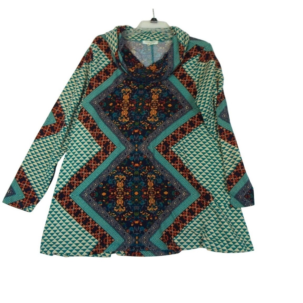 Living Doll LA Womens Plus 3X Geometric Knit Blouse Cowl Neck Long Sleeve Tunic